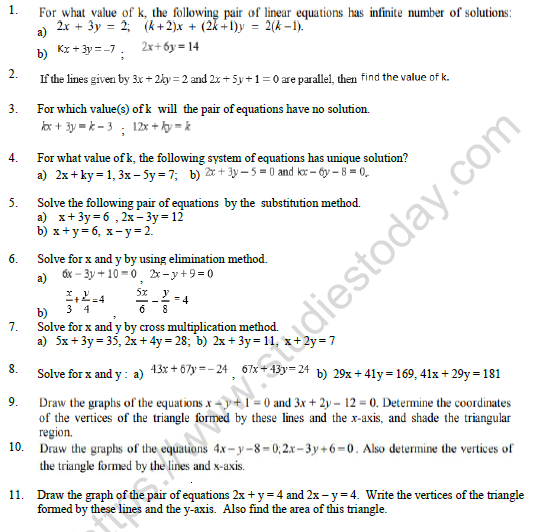 Cbse Class 10 Mathematics Pair Of Linear Equation In Two Variables Worksheet Set D 4917
